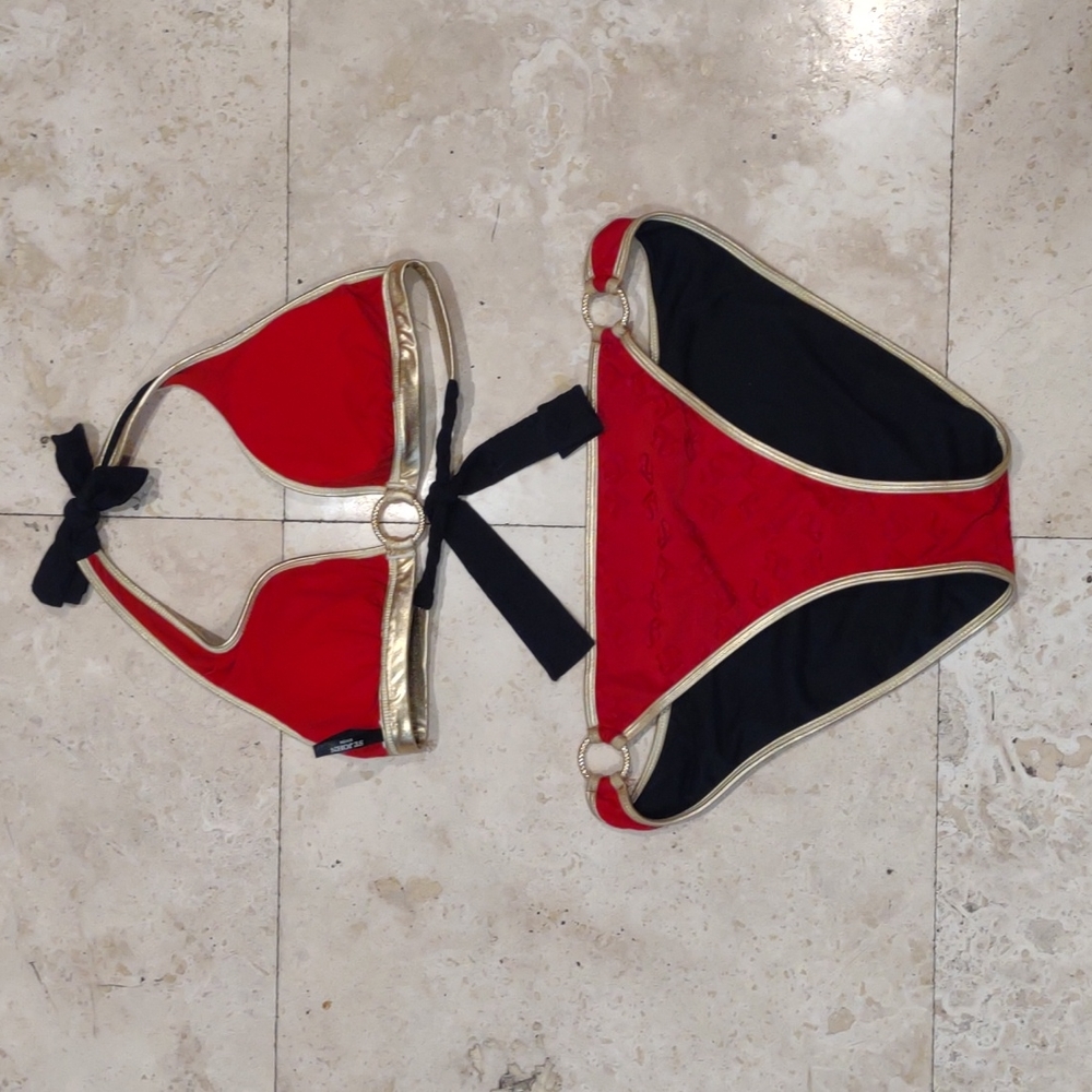 St. John Red and Black Bikini with Gold Trim
